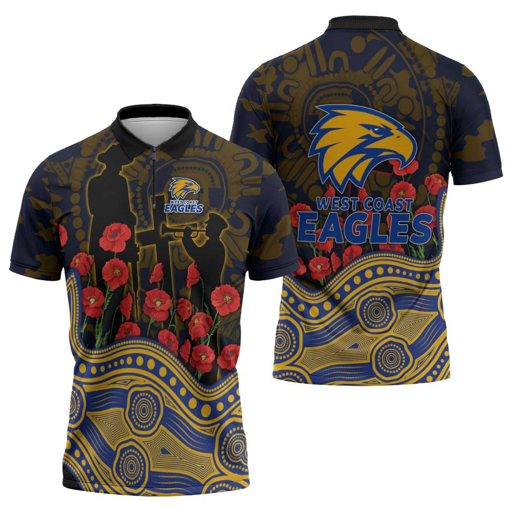West Coast Eagles ANZAC Day Zipper Polo Shirt Indigenous Dot Art with Poppy Flower Tribute