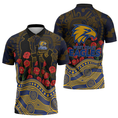 West Coast Eagles ANZAC Day Zipper Polo Shirt Indigenous Dot Art with Poppy Flower Tribute