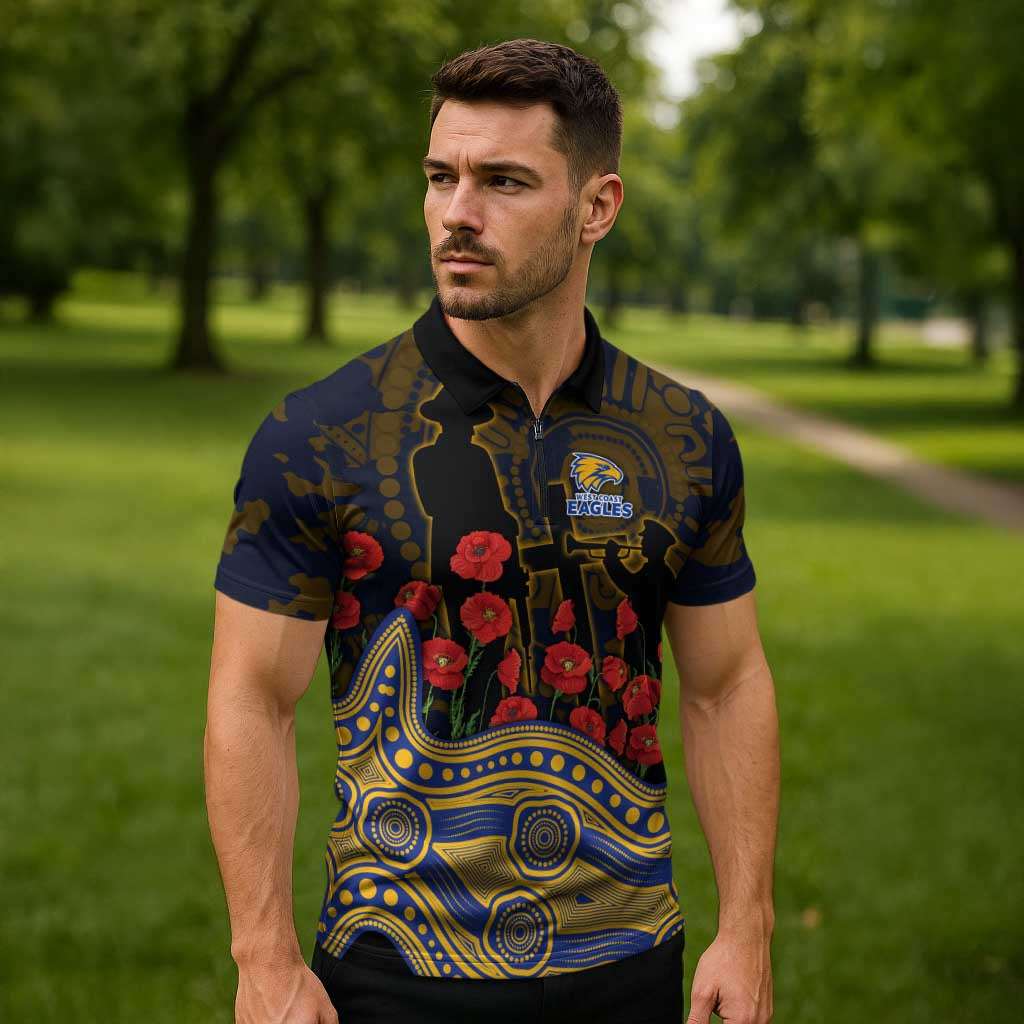 West Coast Eagles ANZAC Day Zipper Polo Shirt Indigenous Dot Art with Poppy Flower Tribute