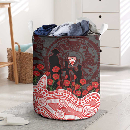 Sydney Swans ANZAC Day Laundry Basket Indigenous Dot Art with Poppy Flower Tribute