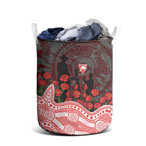 Sydney Swans ANZAC Day Laundry Basket Indigenous Dot Art with Poppy Flower Tribute