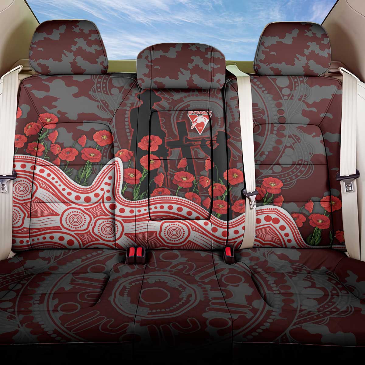 Sydney Swans ANZAC Day Back Car Seat Cover Indigenous Dot Art with Poppy Flower Tribute