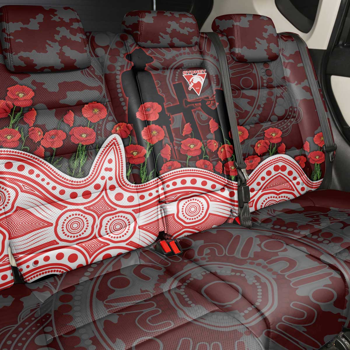 Sydney Swans ANZAC Day Back Car Seat Cover Indigenous Dot Art with Poppy Flower Tribute