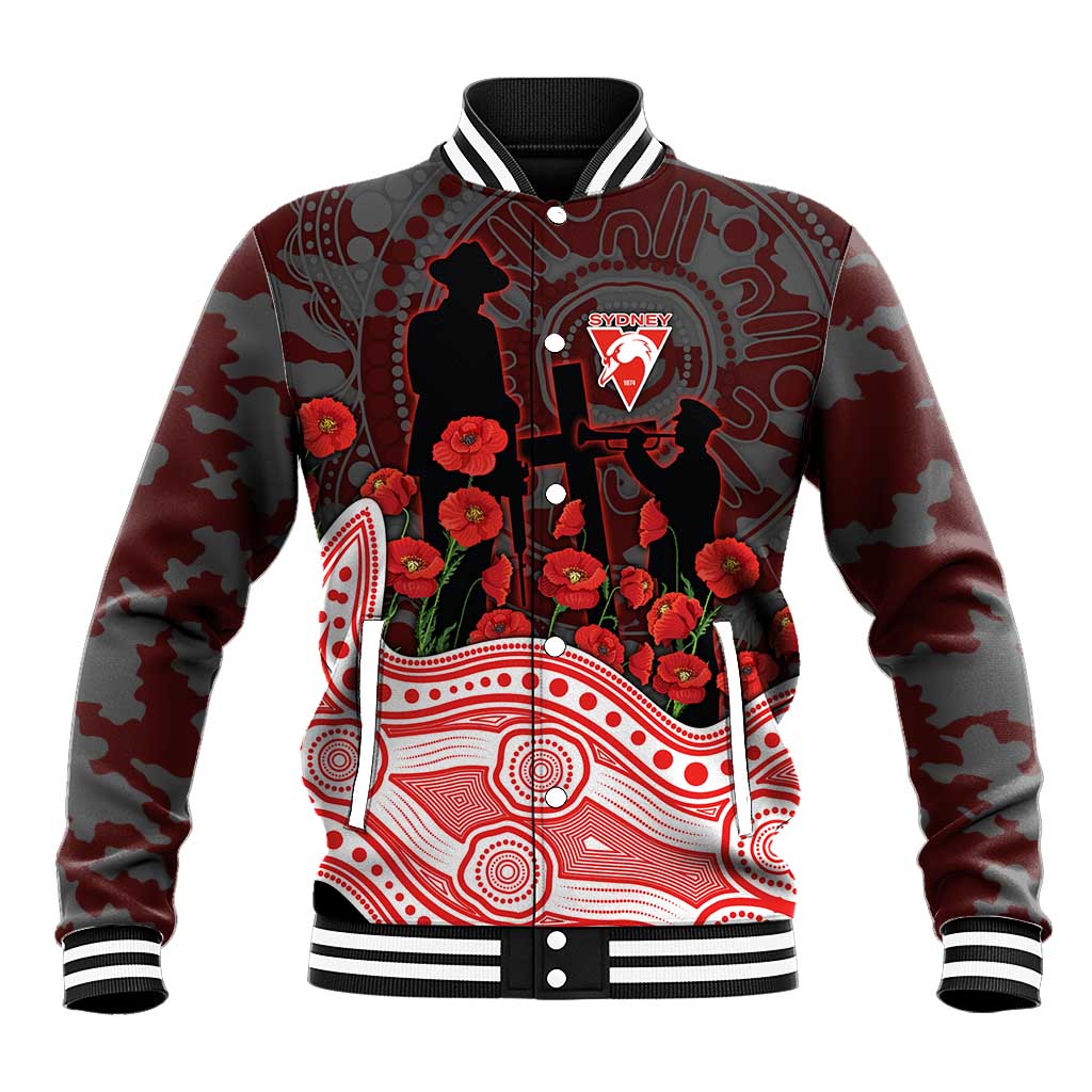 Sydney Swans ANZAC Day Baseball Jacket Indigenous Dot Art with Poppy Flower Tribute