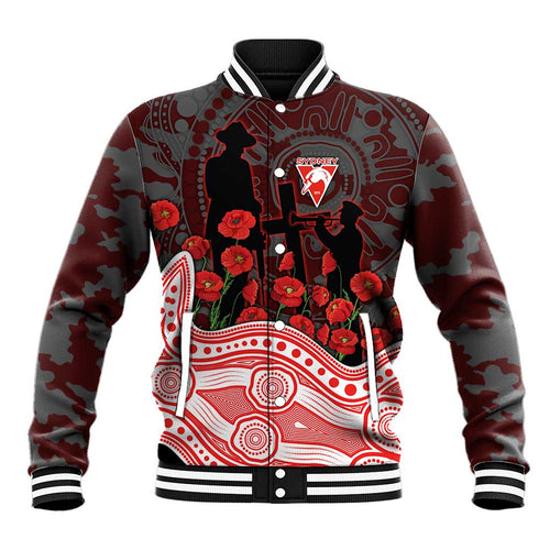 Sydney Swans ANZAC Day Baseball Jacket Indigenous Dot Art with Poppy Flower Tribute