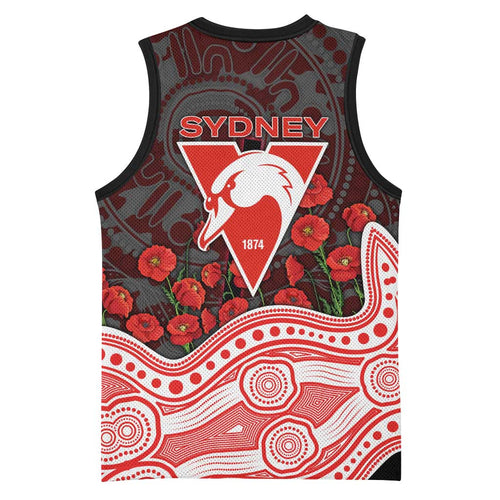 Sydney Swans ANZAC Day Basketball Jersey Indigenous Dot Art with Poppy Flower Tribute