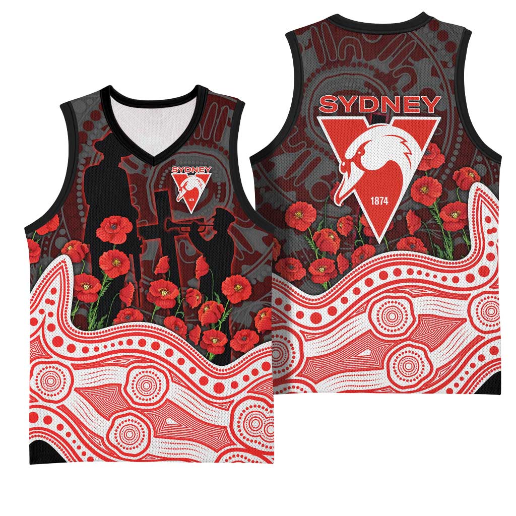 Sydney Swans ANZAC Day Basketball Jersey Indigenous Dot Art with Poppy Flower Tribute