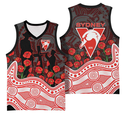Sydney Swans ANZAC Day Basketball Jersey Indigenous Dot Art with Poppy Flower Tribute