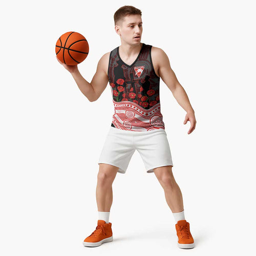 Sydney Swans ANZAC Day Basketball Jersey Indigenous Dot Art with Poppy Flower Tribute