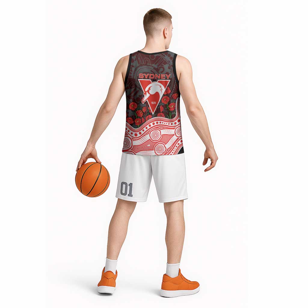 Sydney Swans ANZAC Day Basketball Jersey Indigenous Dot Art with Poppy Flower Tribute