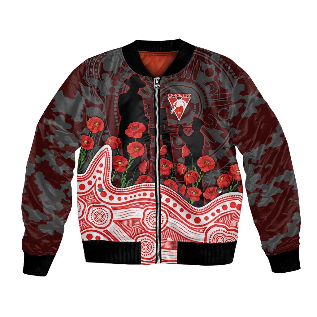 Sydney Swans ANZAC Day Bomber Jacket Indigenous Dot Art with Poppy Flower Tribute