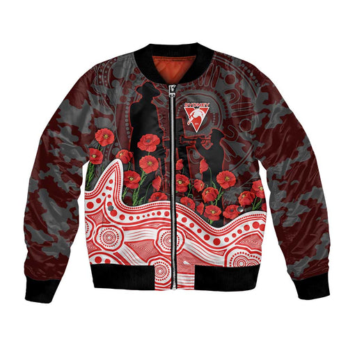 Sydney Swans ANZAC Day Bomber Jacket Indigenous Dot Art with Poppy Flower Tribute