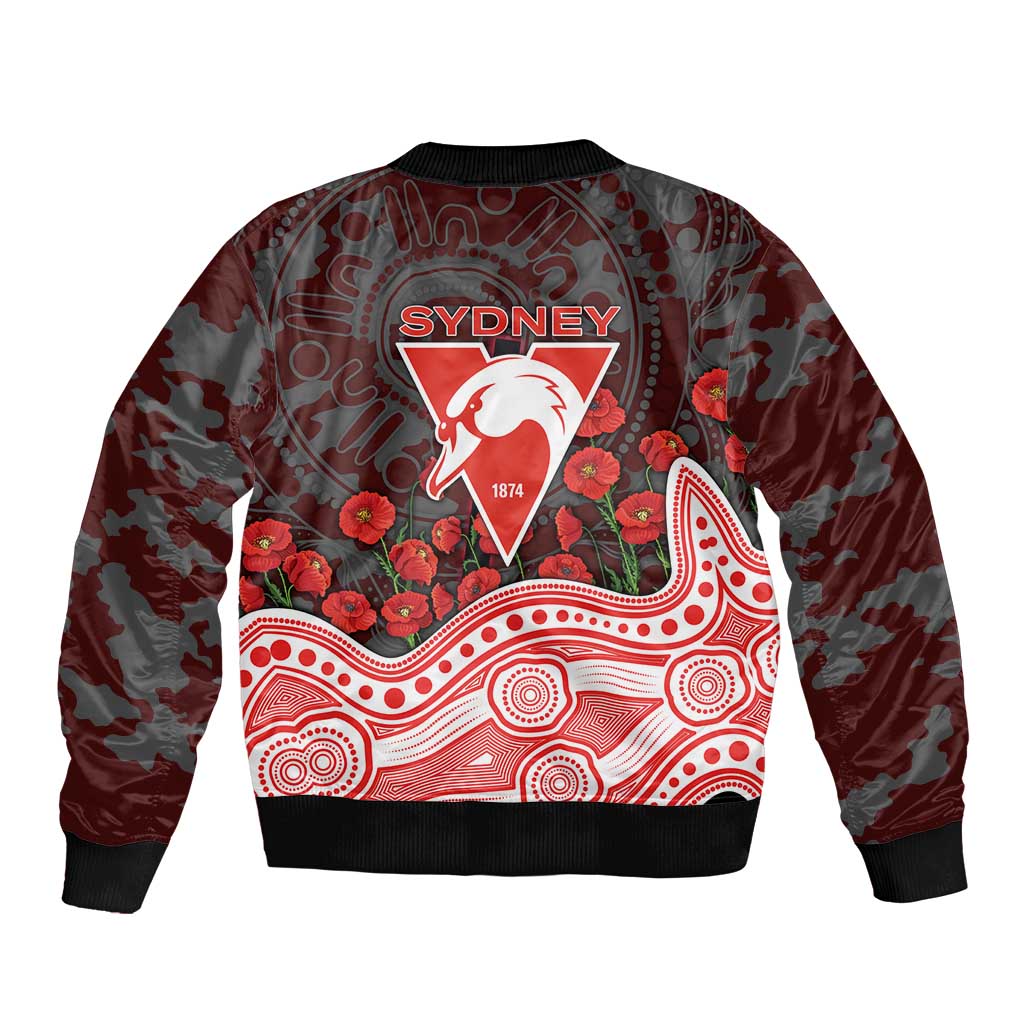 Sydney Swans ANZAC Day Bomber Jacket Indigenous Dot Art with Poppy Flower Tribute