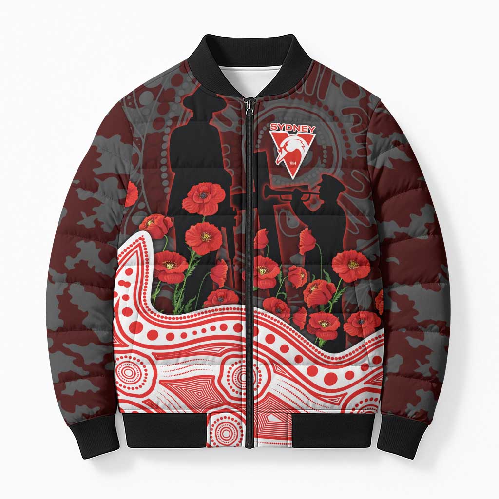 Sydney Swans ANZAC Day Bomber Puffer Jacket Indigenous Dot Art with Poppy Flower Tribute