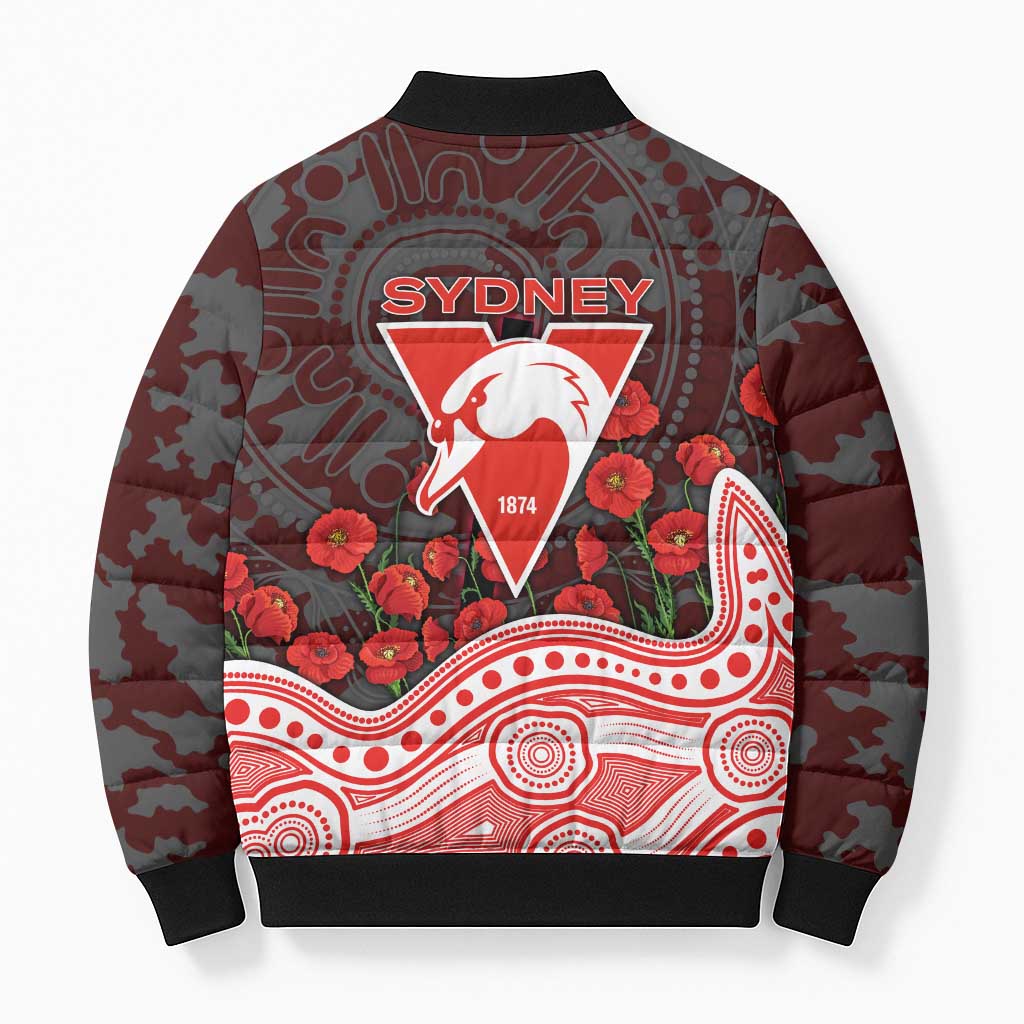 Sydney Swans ANZAC Day Bomber Puffer Jacket Indigenous Dot Art with Poppy Flower Tribute