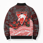 Sydney Swans ANZAC Day Bomber Puffer Jacket Indigenous Dot Art with Poppy Flower Tribute