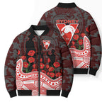 Sydney Swans ANZAC Day Bomber Puffer Jacket Indigenous Dot Art with Poppy Flower Tribute