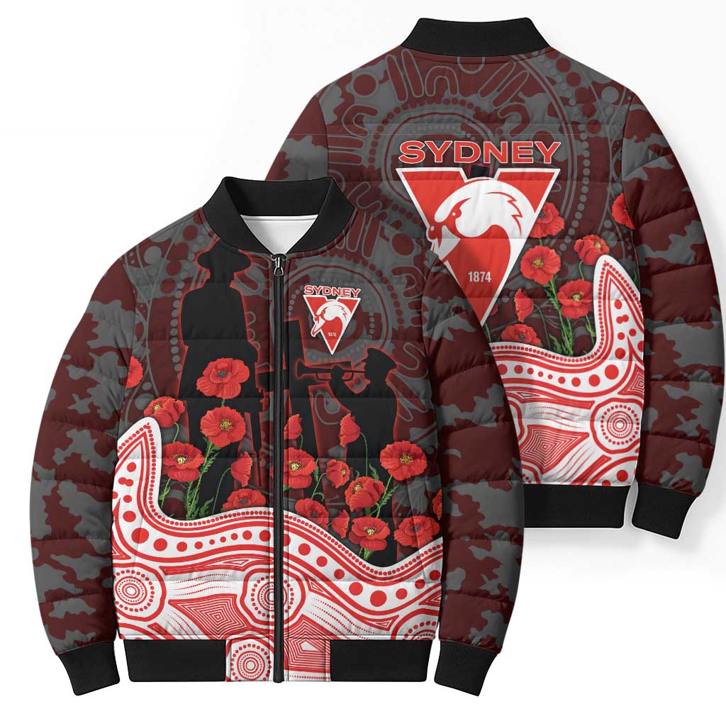 Sydney Swans ANZAC Day Bomber Puffer Jacket Indigenous Dot Art with Poppy Flower Tribute