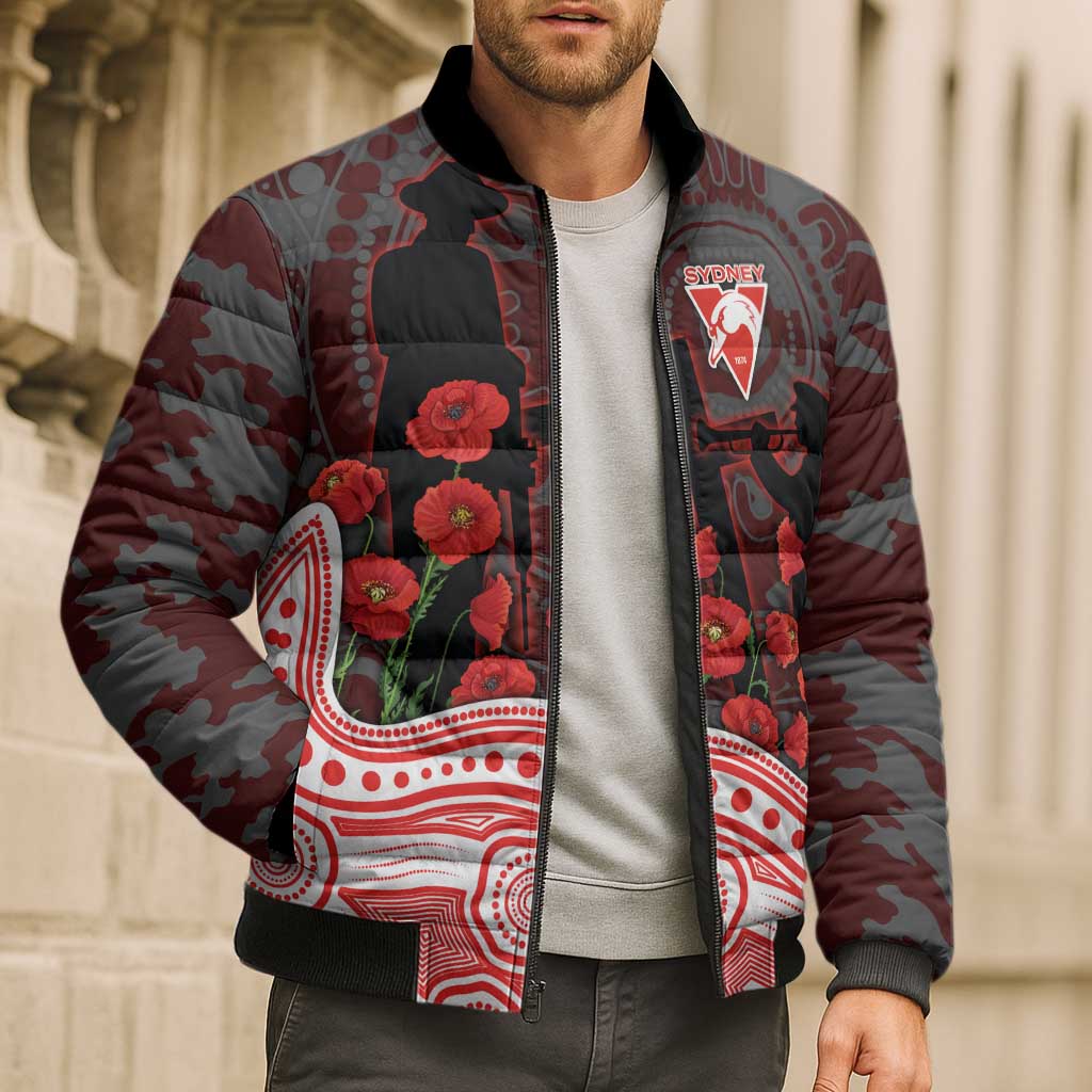 Sydney Swans ANZAC Day Bomber Puffer Jacket Indigenous Dot Art with Poppy Flower Tribute