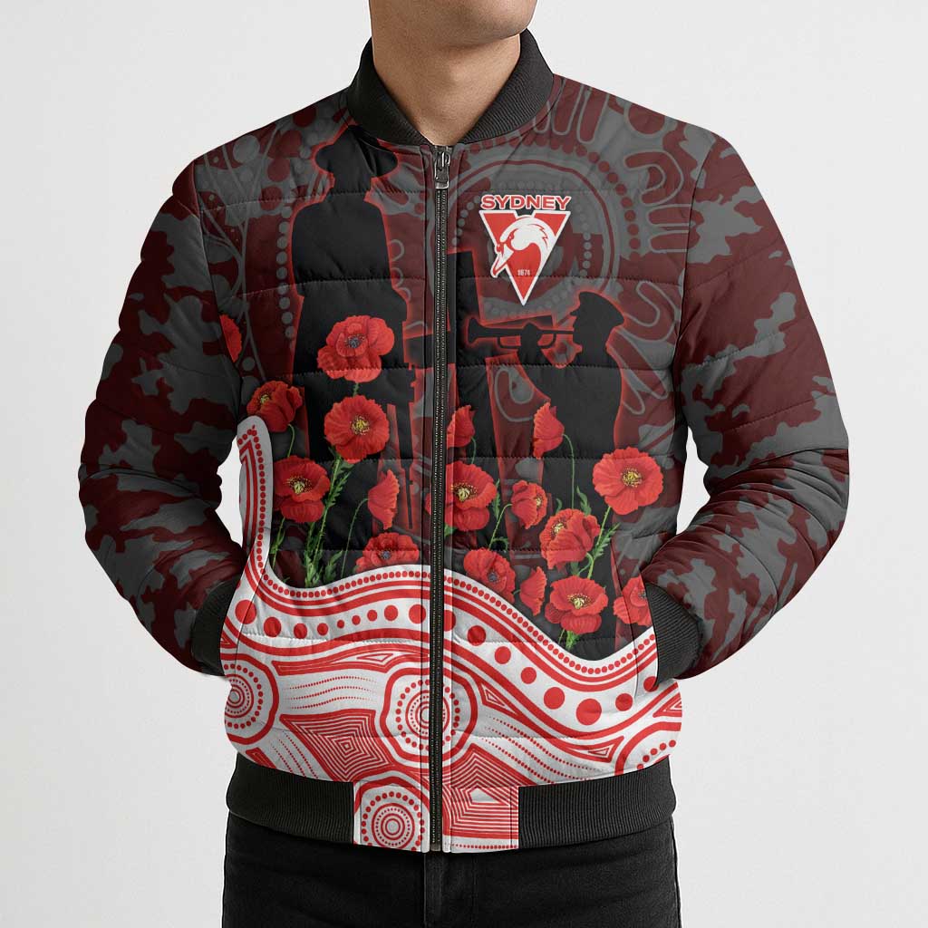 Sydney Swans ANZAC Day Bomber Puffer Jacket Indigenous Dot Art with Poppy Flower Tribute