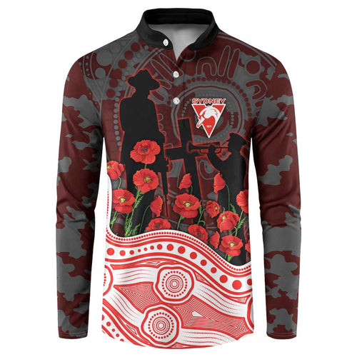 Sydney Swans ANZAC Day Button Sweatshirt Indigenous Dot Art with Poppy Flower Tribute