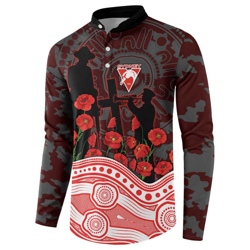 Sydney Swans ANZAC Day Button Sweatshirt Indigenous Dot Art with Poppy Flower Tribute