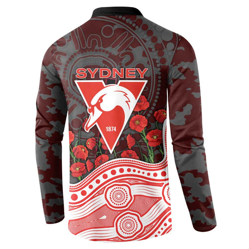 Sydney Swans ANZAC Day Button Sweatshirt Indigenous Dot Art with Poppy Flower Tribute