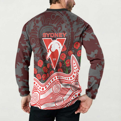 Sydney Swans ANZAC Day Button Sweatshirt Indigenous Dot Art with Poppy Flower Tribute