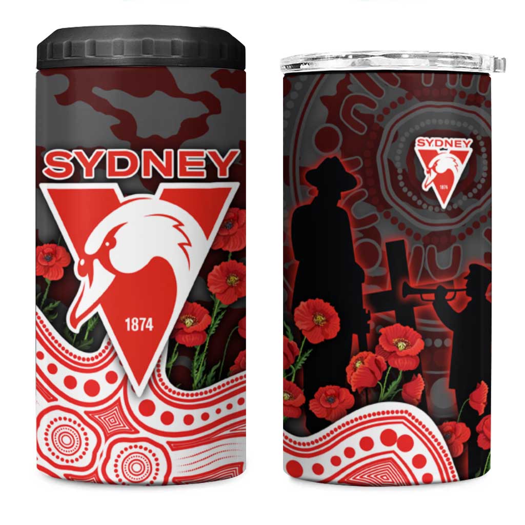 Sydney Swans ANZAC Day 4 in 1 Can Cooler Tumbler Indigenous Dot Art with Poppy Flower Tribute