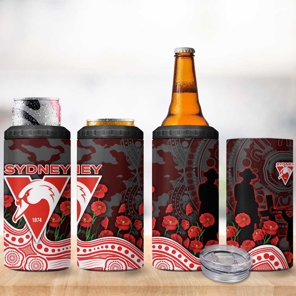 Sydney Swans ANZAC Day 4 in 1 Can Cooler Tumbler Indigenous Dot Art with Poppy Flower Tribute
