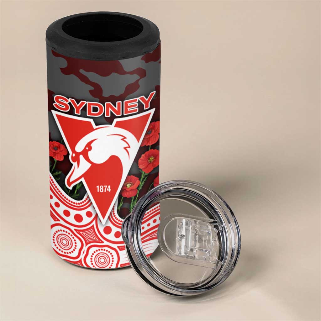 Sydney Swans ANZAC Day 4 in 1 Can Cooler Tumbler Indigenous Dot Art with Poppy Flower Tribute