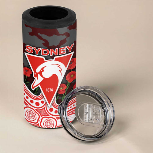 Sydney Swans ANZAC Day 4 in 1 Can Cooler Tumbler Indigenous Dot Art with Poppy Flower Tribute