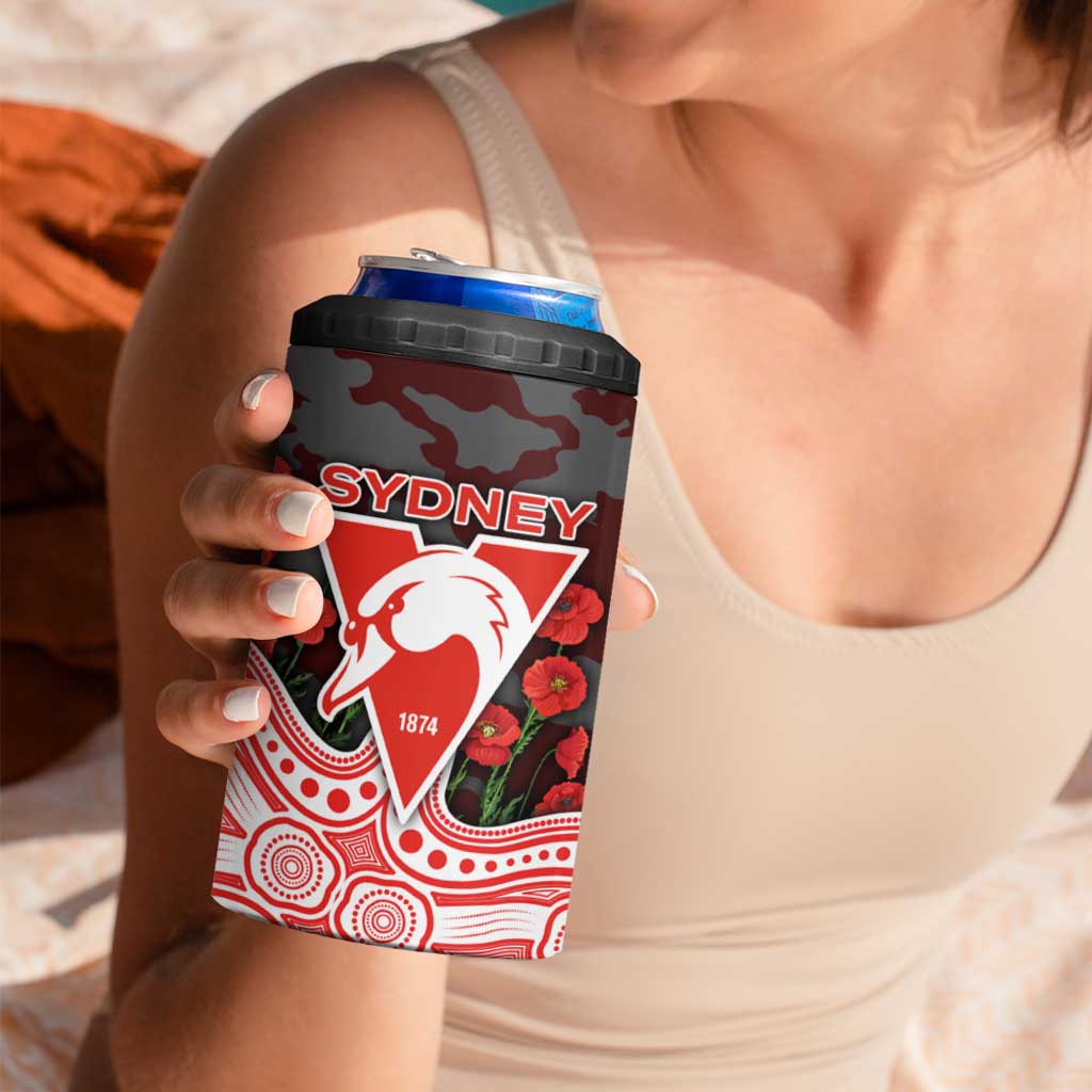 Sydney Swans ANZAC Day 4 in 1 Can Cooler Tumbler Indigenous Dot Art with Poppy Flower Tribute
