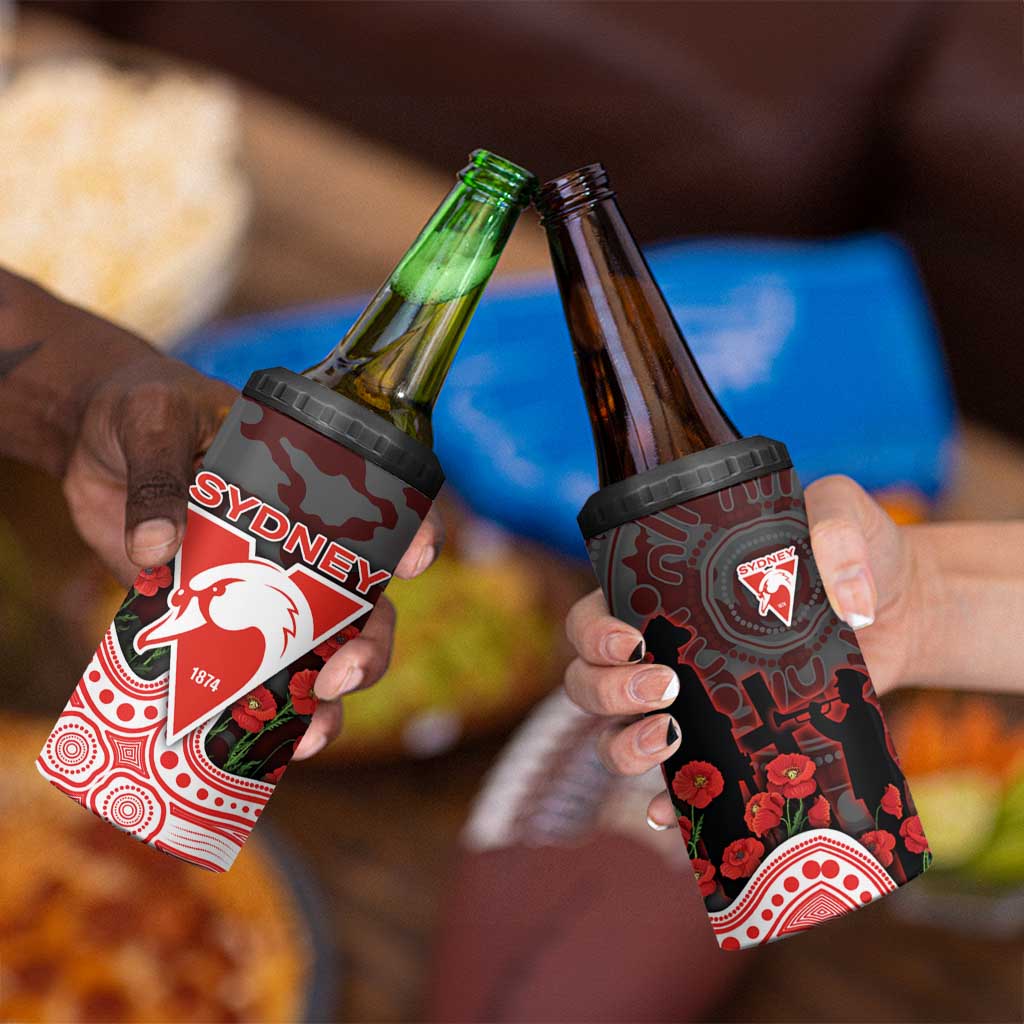 Sydney Swans ANZAC Day 4 in 1 Can Cooler Tumbler Indigenous Dot Art with Poppy Flower Tribute