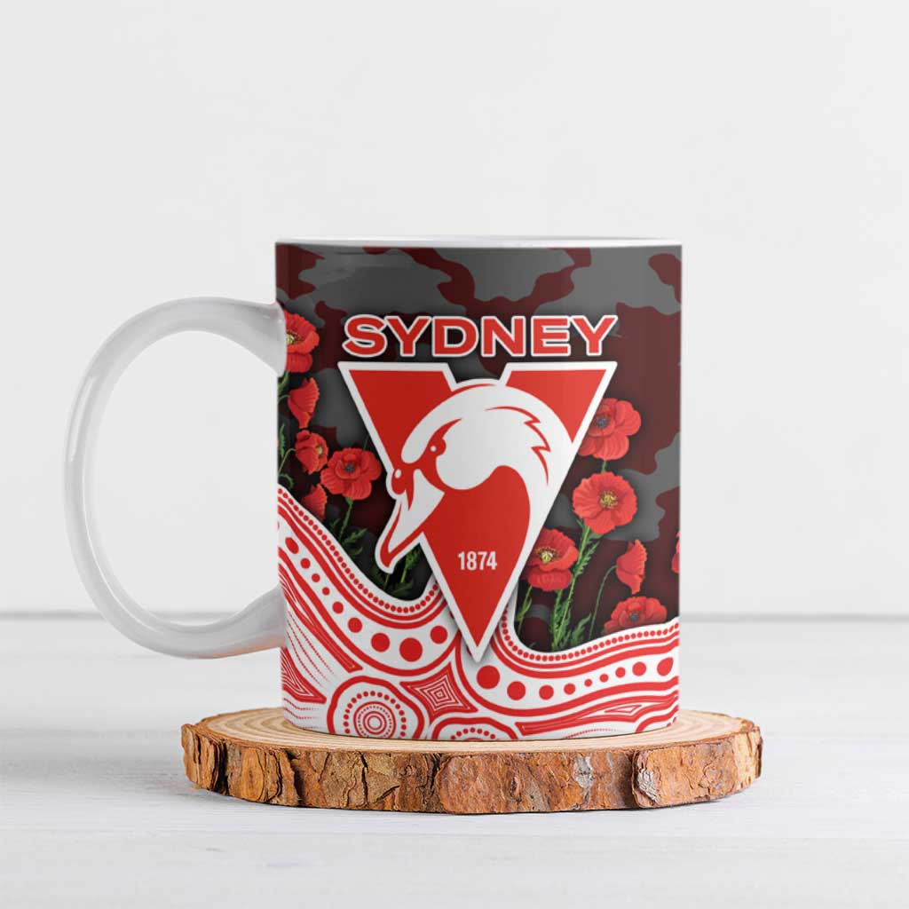 Sydney Swans ANZAC Day Ceramic Mug Indigenous Dot Art with Poppy Flower Tribute
