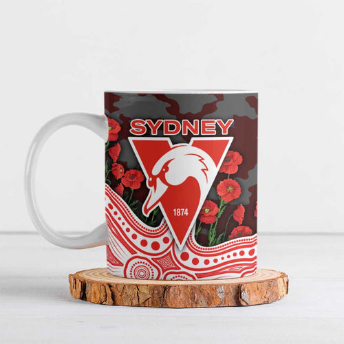 Sydney Swans ANZAC Day Ceramic Mug Indigenous Dot Art with Poppy Flower Tribute