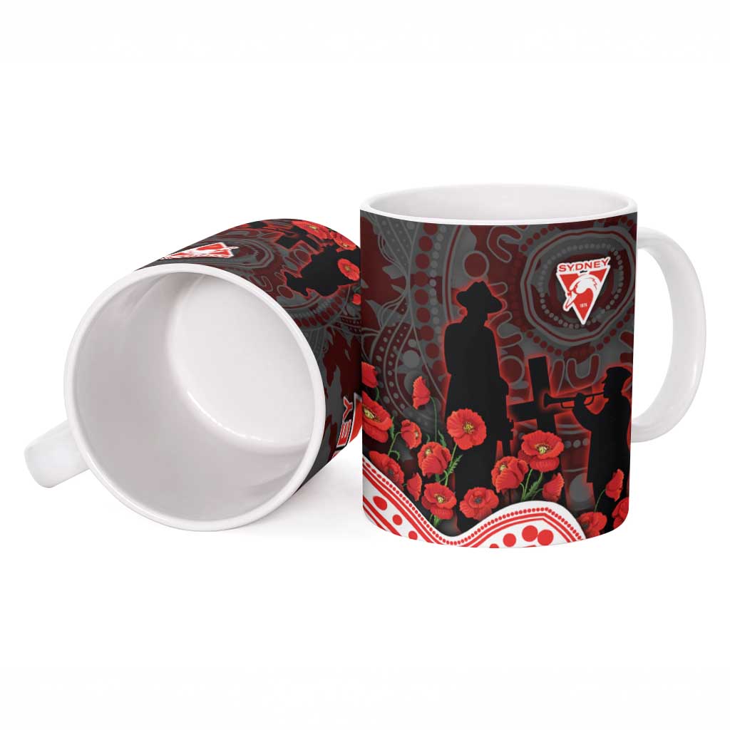Sydney Swans ANZAC Day Ceramic Mug Indigenous Dot Art with Poppy Flower Tribute