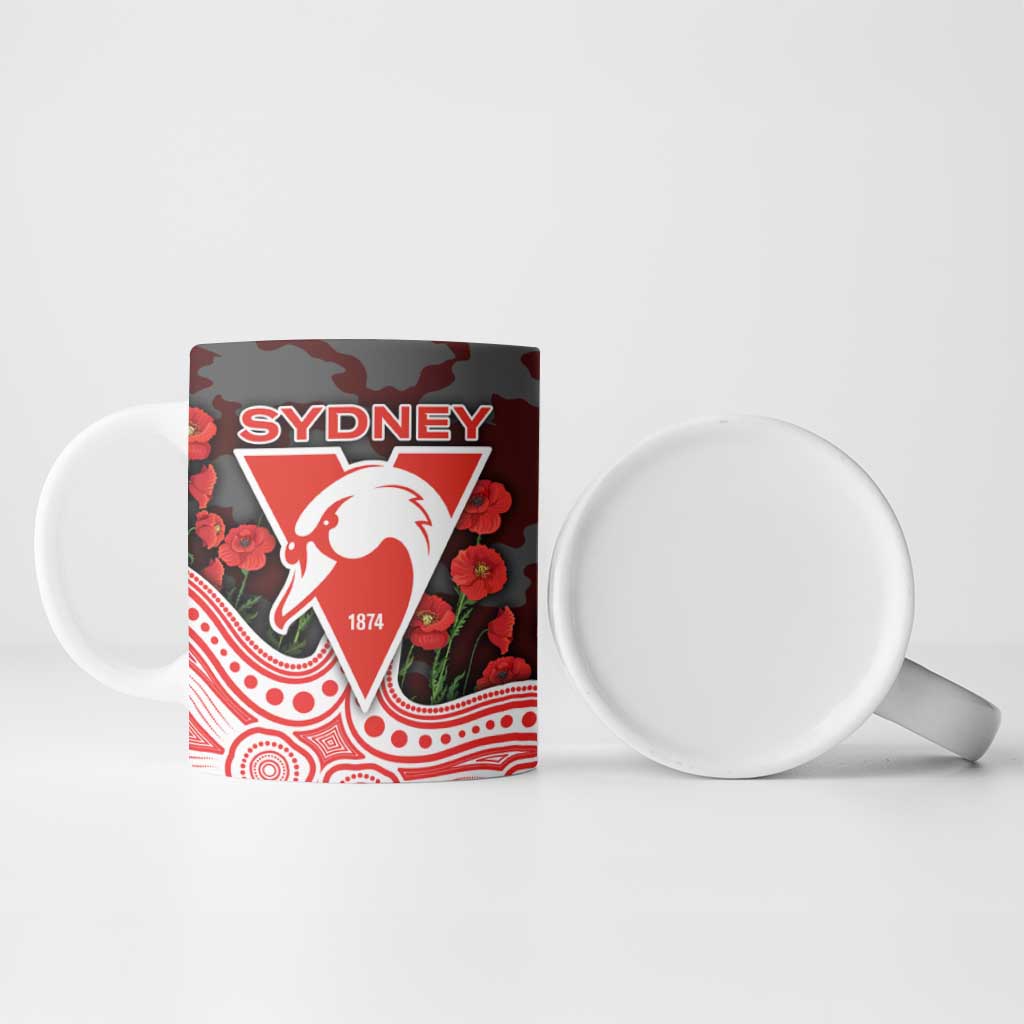 Sydney Swans ANZAC Day Ceramic Mug Indigenous Dot Art with Poppy Flower Tribute