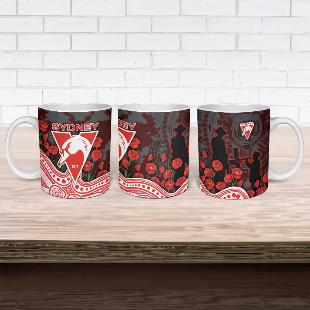 Sydney Swans ANZAC Day Ceramic Mug Indigenous Dot Art with Poppy Flower Tribute