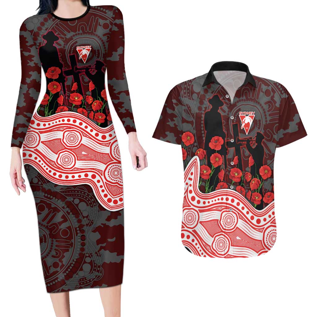Sydney Swans ANZAC Day Couples Matching Long Sleeve Bodycon Dress and Hawaiian Shirt Indigenous Dot Art with Poppy Flower Tribute