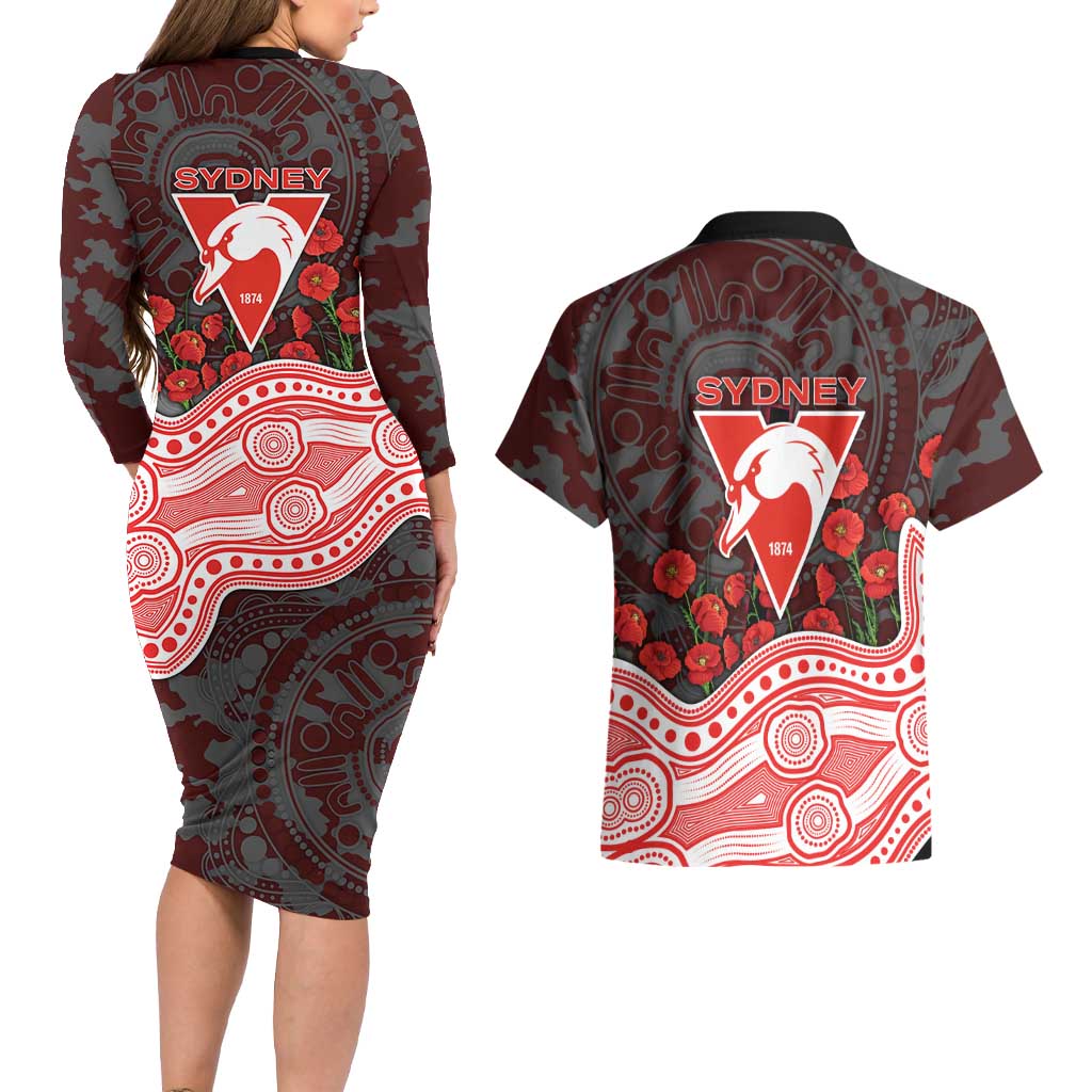 Sydney Swans ANZAC Day Couples Matching Long Sleeve Bodycon Dress and Hawaiian Shirt Indigenous Dot Art with Poppy Flower Tribute