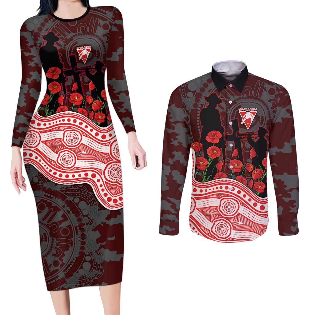 Sydney Swans ANZAC Day Couples Matching Long Sleeve Bodycon Dress and Long Sleeve Button Shirt Indigenous Dot Art with Poppy Flower Tribute