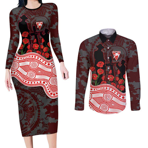 Sydney Swans ANZAC Day Couples Matching Long Sleeve Bodycon Dress and Long Sleeve Button Shirt Indigenous Dot Art with Poppy Flower Tribute