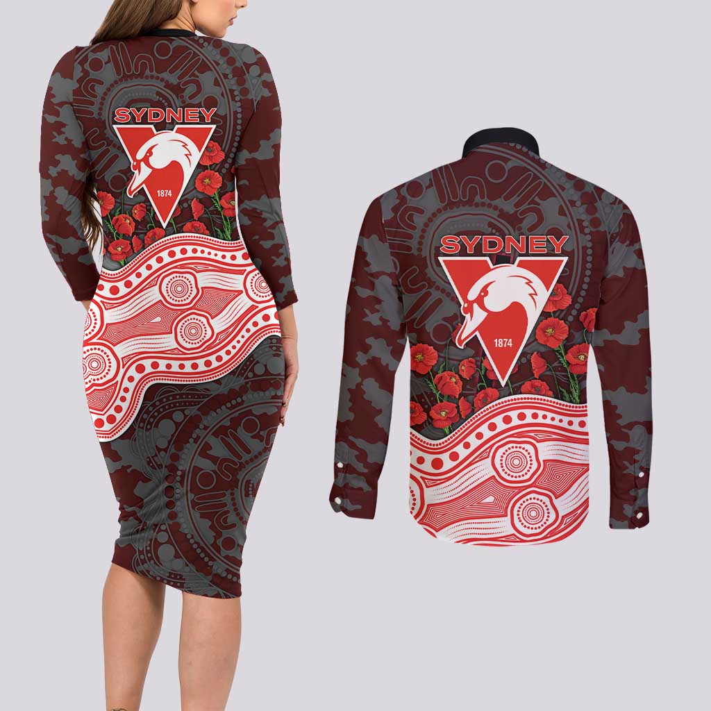 Sydney Swans ANZAC Day Couples Matching Long Sleeve Bodycon Dress and Long Sleeve Button Shirt Indigenous Dot Art with Poppy Flower Tribute