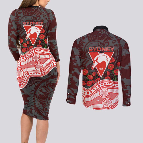 Sydney Swans ANZAC Day Couples Matching Long Sleeve Bodycon Dress and Long Sleeve Button Shirt Indigenous Dot Art with Poppy Flower Tribute