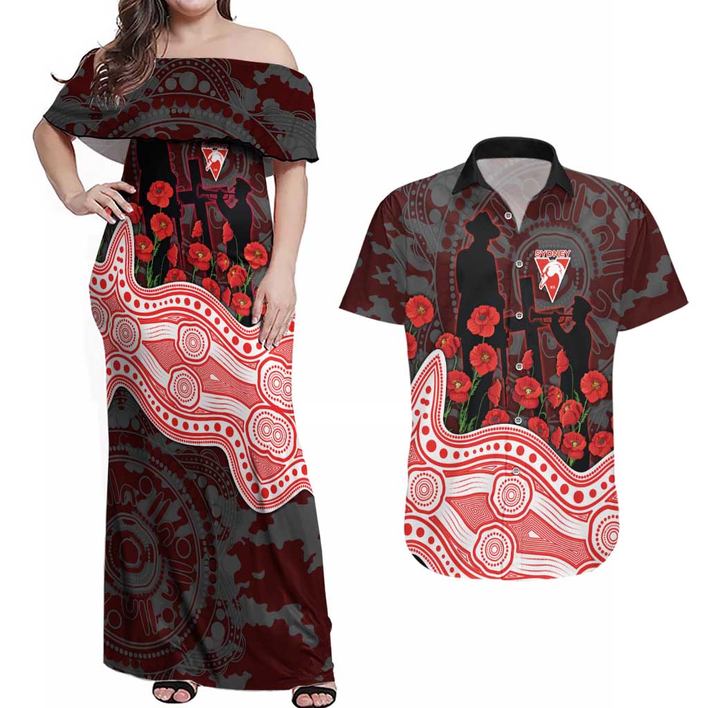 Sydney Swans ANZAC Day Couples Matching Off Shoulder Maxi Dress and Hawaiian Shirt Indigenous Dot Art with Poppy Flower Tribute