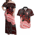 Sydney Swans ANZAC Day Couples Matching Off Shoulder Maxi Dress and Hawaiian Shirt Indigenous Dot Art with Poppy Flower Tribute