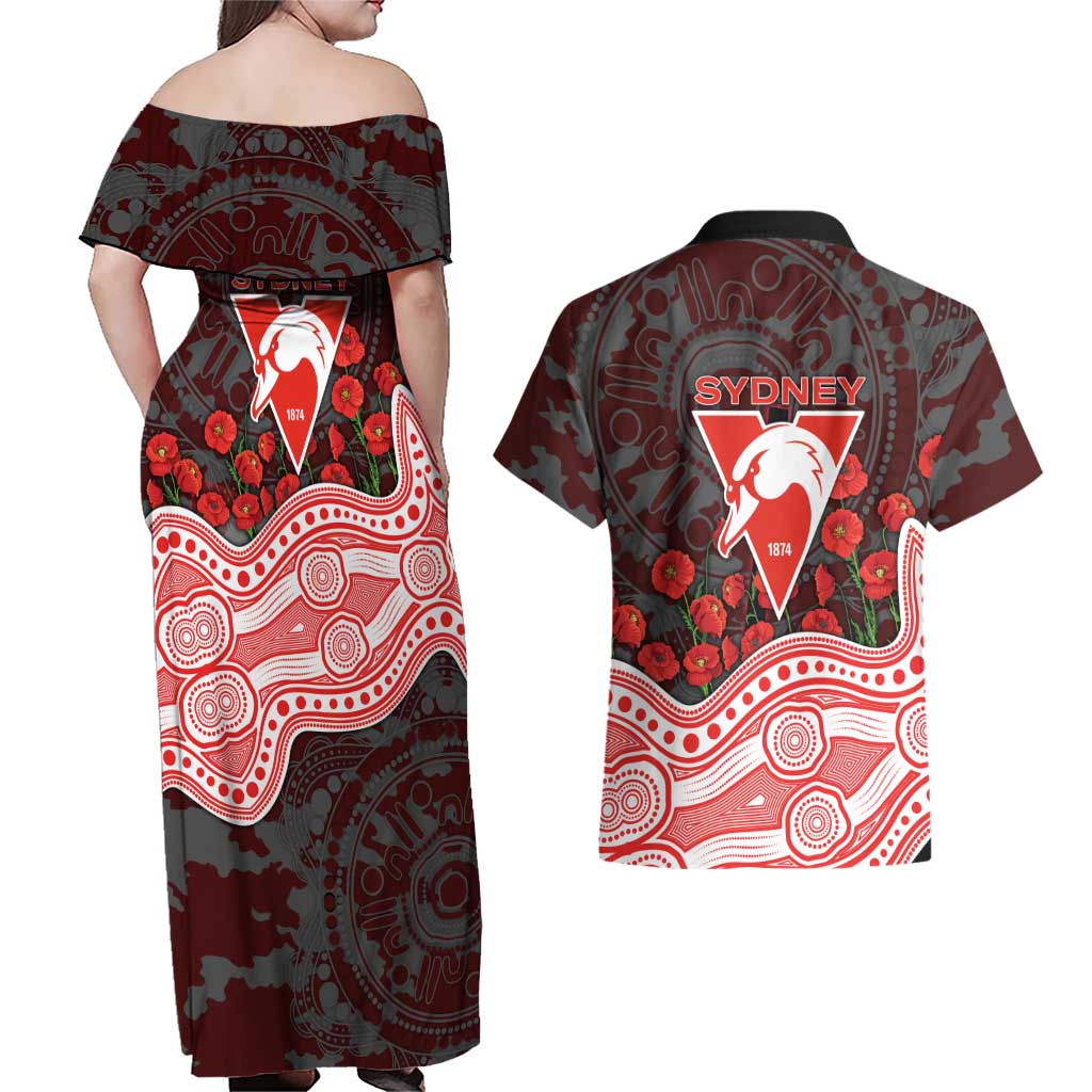 Sydney Swans ANZAC Day Couples Matching Off Shoulder Maxi Dress and Hawaiian Shirt Indigenous Dot Art with Poppy Flower Tribute