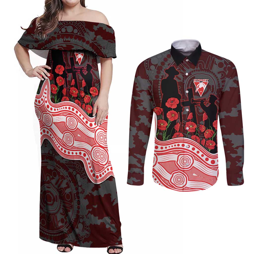 Sydney Swans ANZAC Day Couples Matching Off Shoulder Maxi Dress and Long Sleeve Button Shirt Indigenous Dot Art with Poppy Flower Tribute