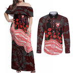 Sydney Swans ANZAC Day Couples Matching Off Shoulder Maxi Dress and Long Sleeve Button Shirt Indigenous Dot Art with Poppy Flower Tribute
